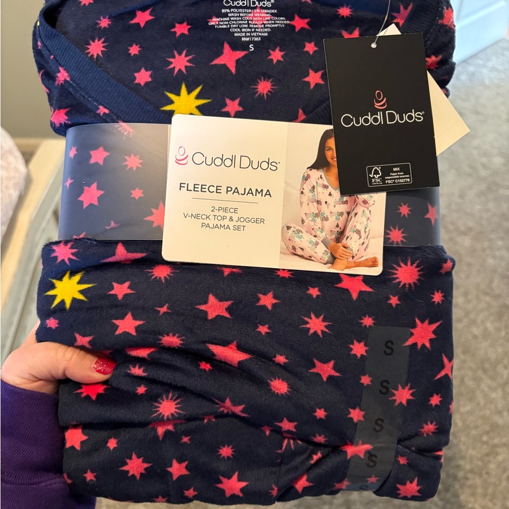 Cuddl Duds Fleece Pajama Set - Navy with Pink and Yellow Stars